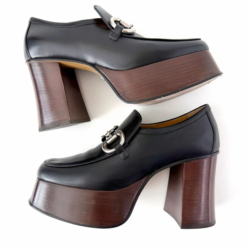 GUCCI | Black Leather Horsebit Platform Loafers Block Heel EU 37.5